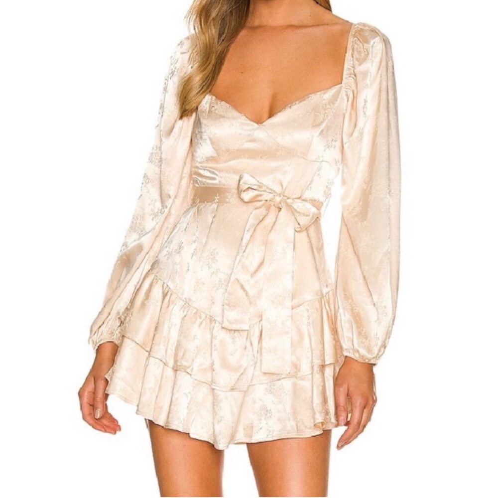 MAJORELLE Champagne Satin Long Sleeve Mini Dress